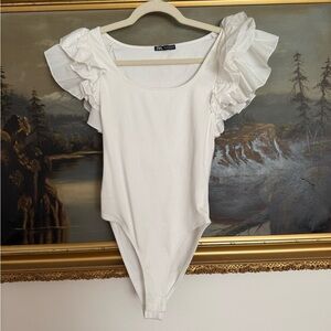 Zara White Ruffle Sleeve Bodysuit